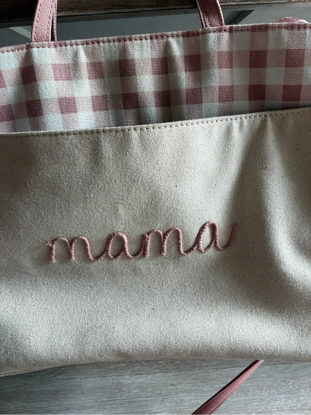 LC Lauren Conrad Mama Cream Canvas Tote with Faux Leather Straps and Pink Accent